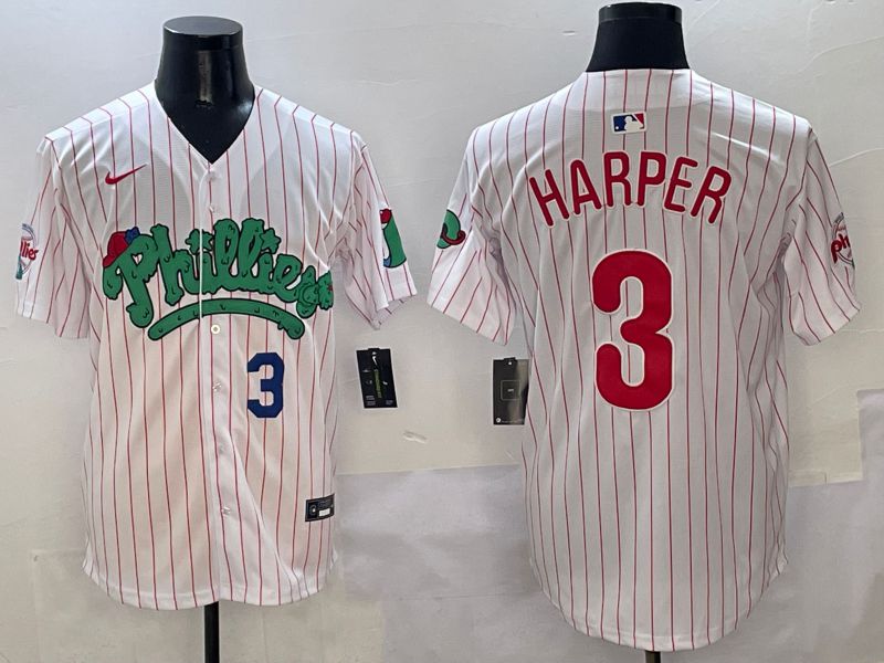 Men Philadelphia Phillies #3 Harper White Stripe Fourth generation Joint Name Nike 2025 MLB Jersey style 3